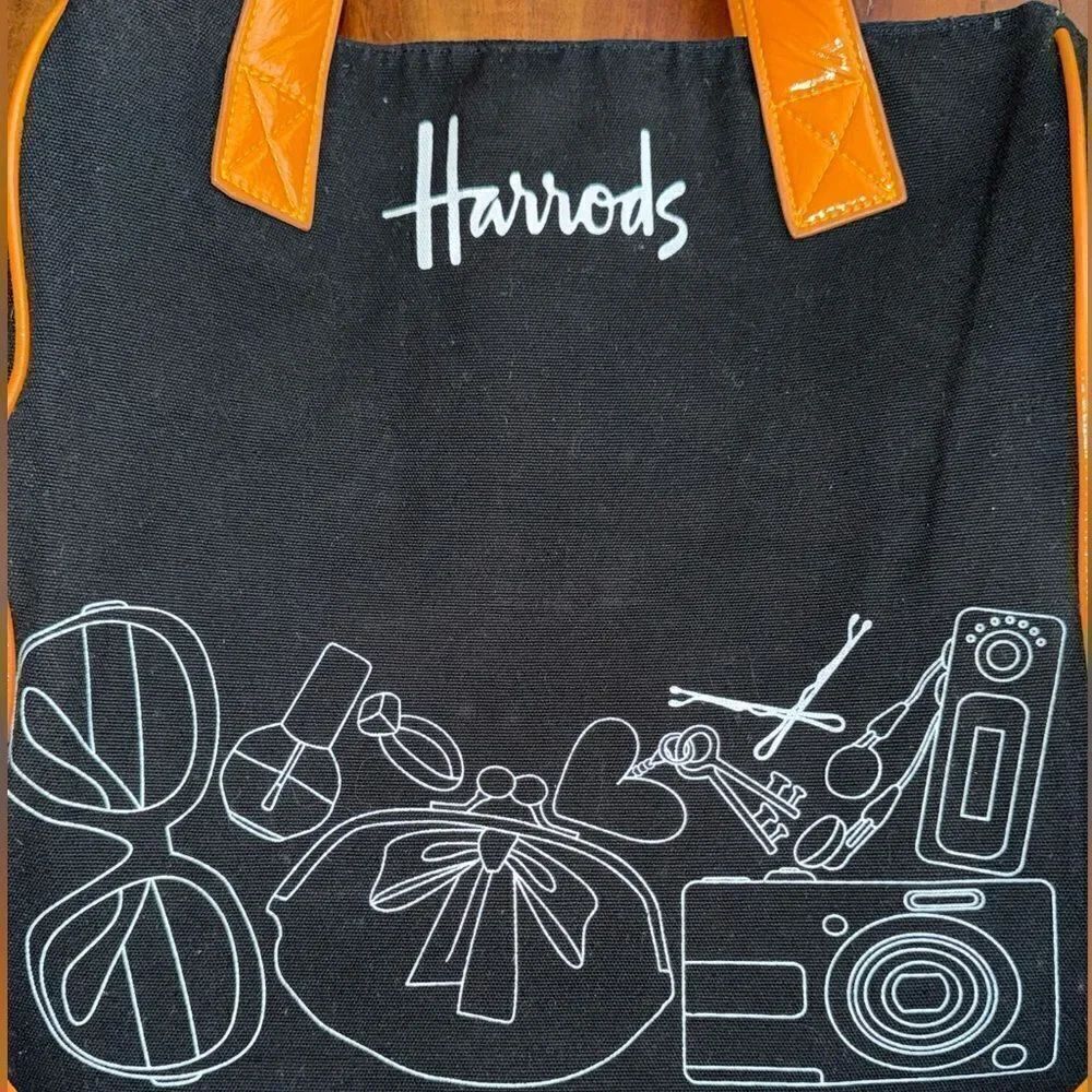 Harrods Black Canvas Tote With Orange Paten Leather Trim And Handles Snap Close — image 4 of 8